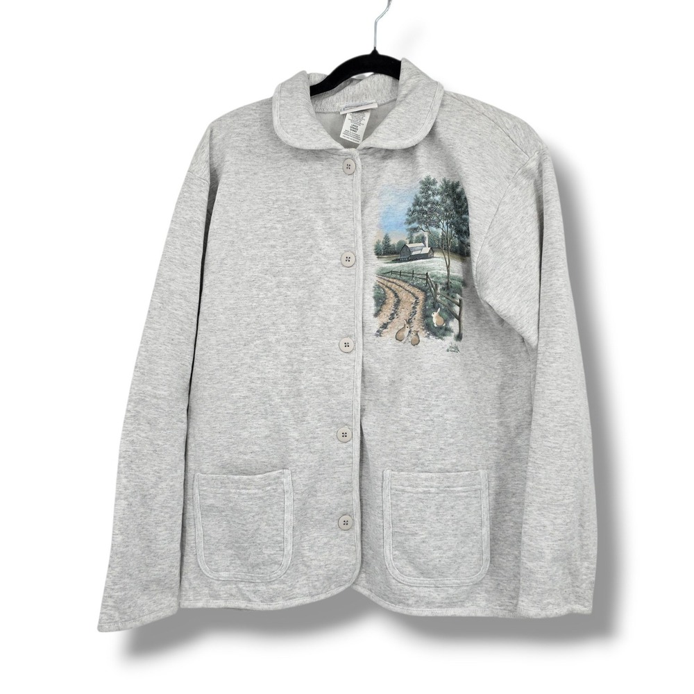 Morning Sun Womens Gray Farm Bunny Graphic Button Front Sweatshirt Jacket L